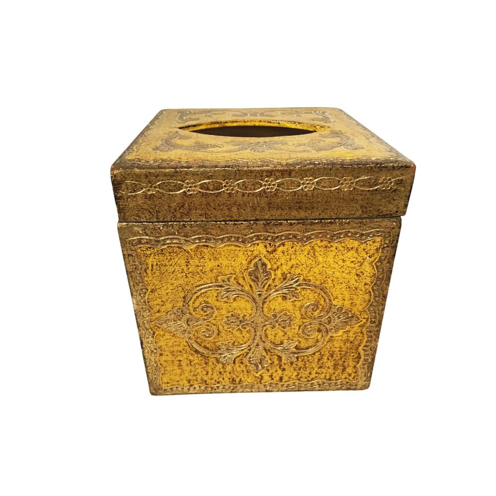 Vintage Florentine Mid Century Tissue Box w Hinged Cover Gold Yellow Made Italy